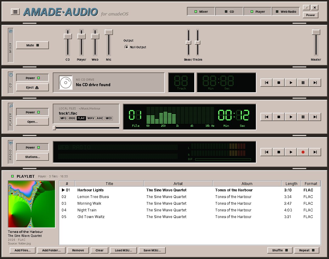 amade-audio playing a FLAC album, with the spectrum, the cover and the playlist