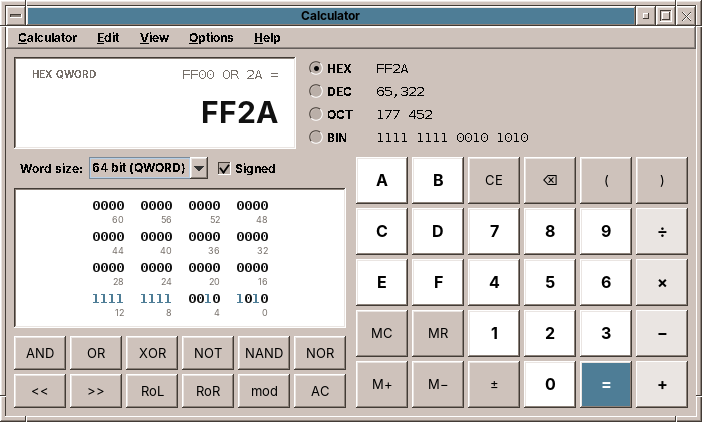The Programmer mode: the value in four bases, the word size and the bit field