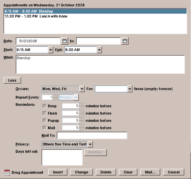The Appointment Editor with More: Occurs, reminders, privacy and the days a series leaves out