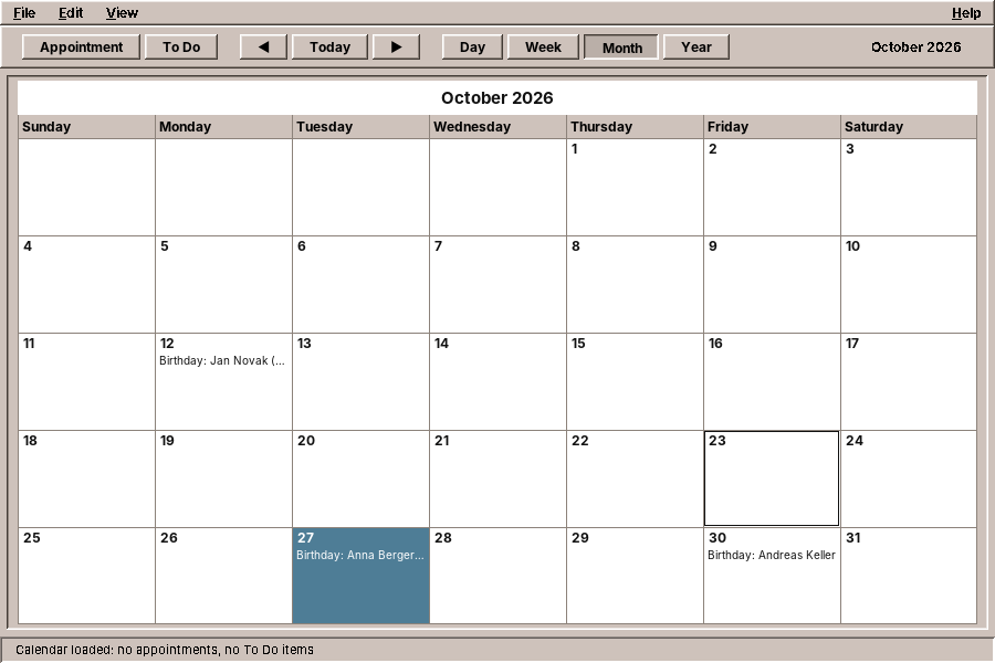 October in the Calendar with three birthdays from the address book