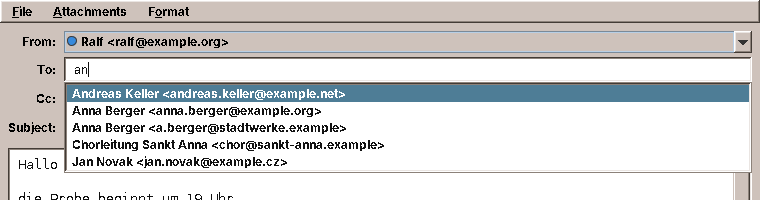 The Mailer offers the people whose name, nickname or address has a word starting with "an"