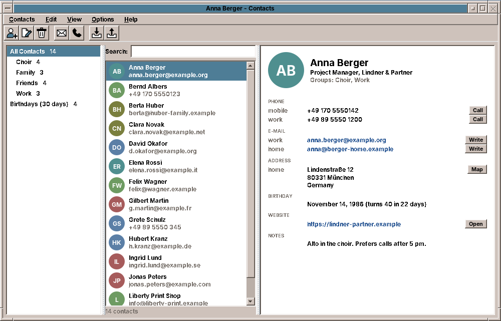 amade-contacts with the groups, the list and a card