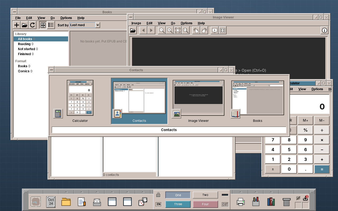 Alt+Tab with four windows: Contacts is selected, Calculator was active