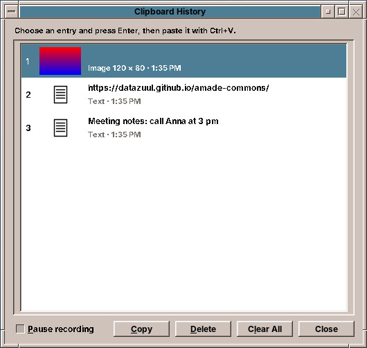 The clipboard history, opened with Ctrl+Alt+V: files, an image and texts, newest first