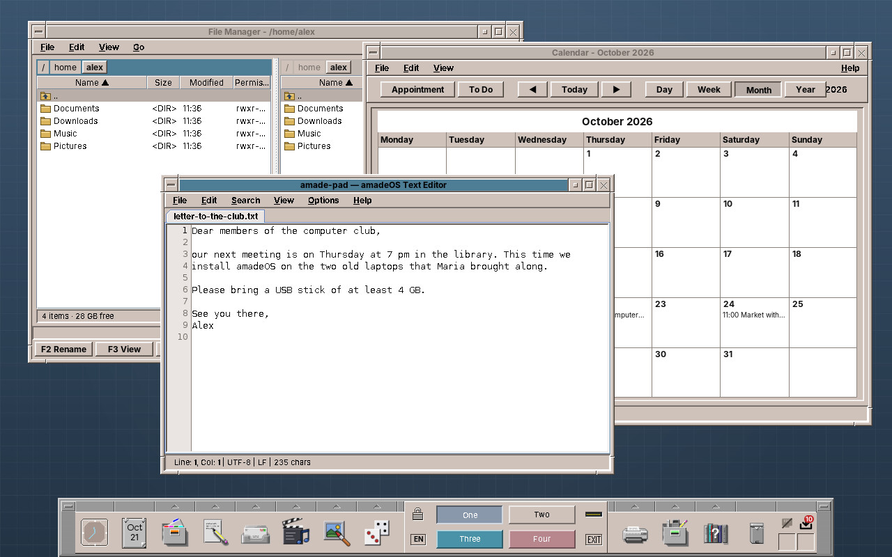The amadeOS desktop with the Front Panel at the bottom