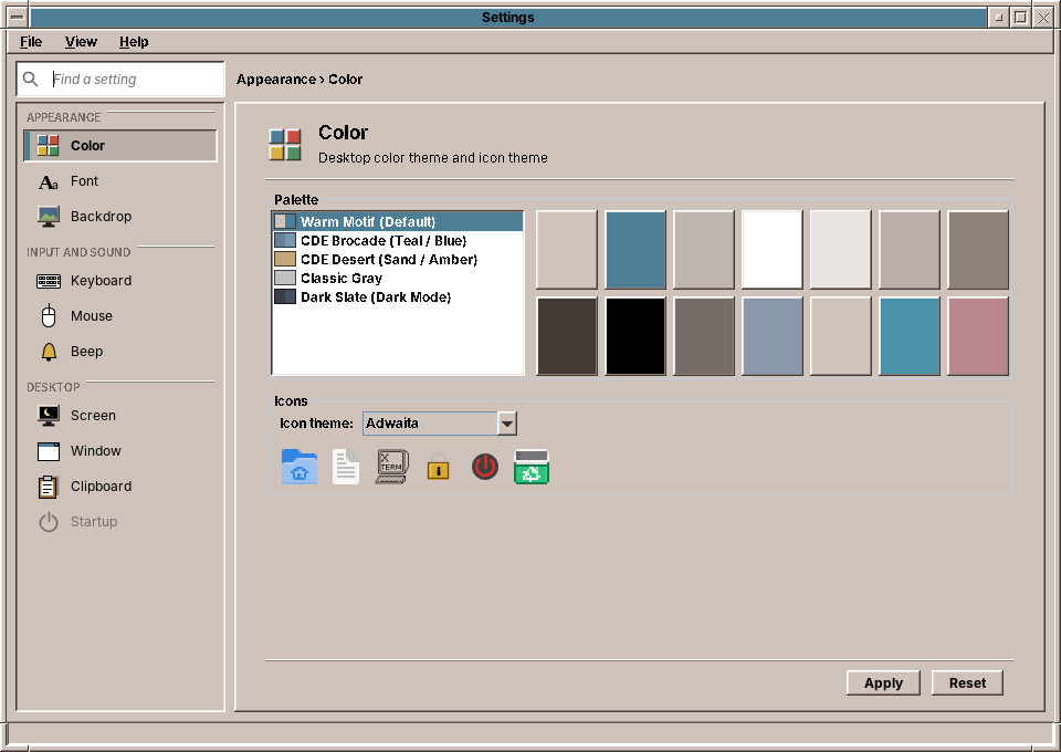 Settings: a sidebar of controls, the page of the selected one on the right