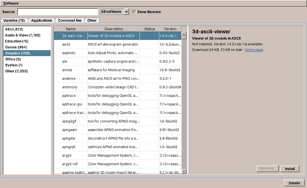 Software: the Graphics category of the Applications tab, with the details of the selected package