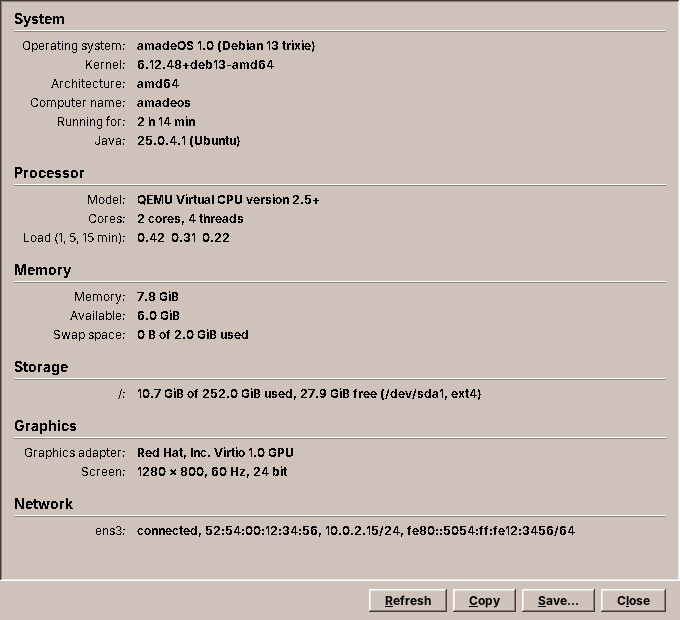 System Information on amadeOS in a virtual machine