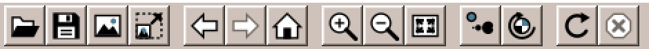 The Fractals toolbar at twice its size: open, save, picture, export; back, forward, home; zoom in, zoom out, full screen; Julia set, colour cycling; refresh, stop
