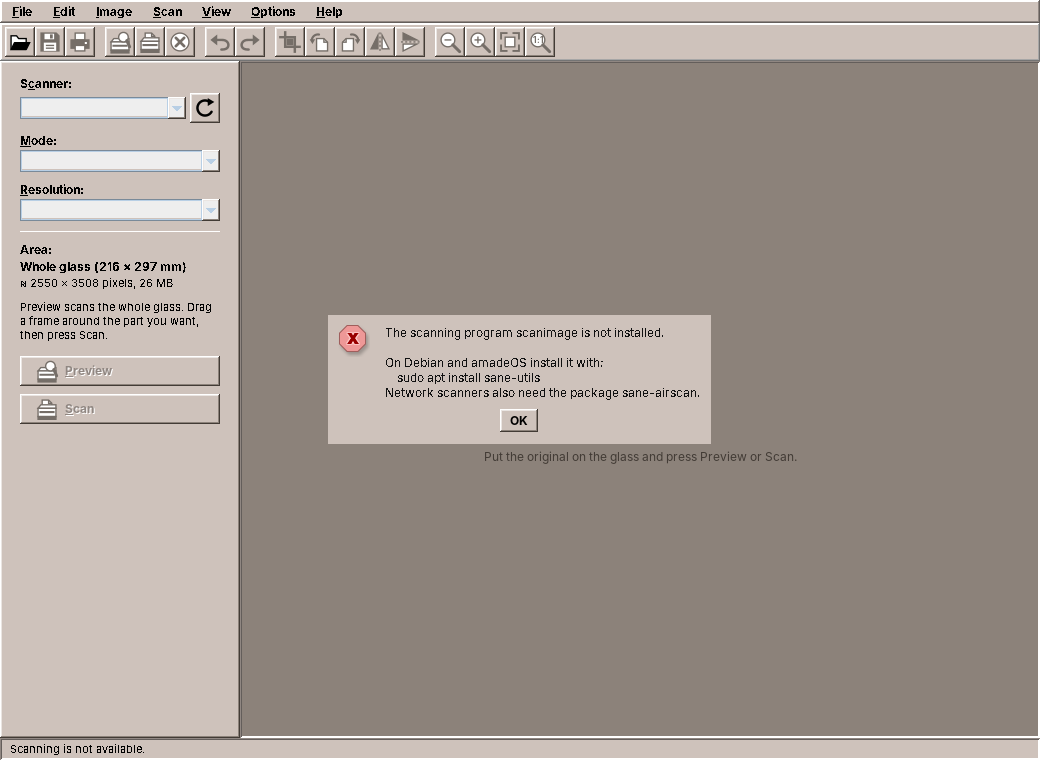 The message when scanimage is not installed