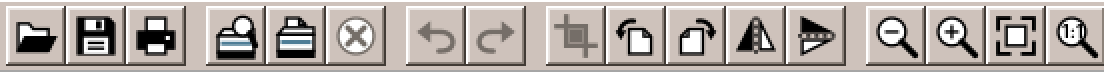 The Imagescan toolbar at twice its size: open, save, print; preview, scan, cancel; undo, redo; crop, turn left, turn right, mirror; zoom out, zoom in, fit, actual pixels