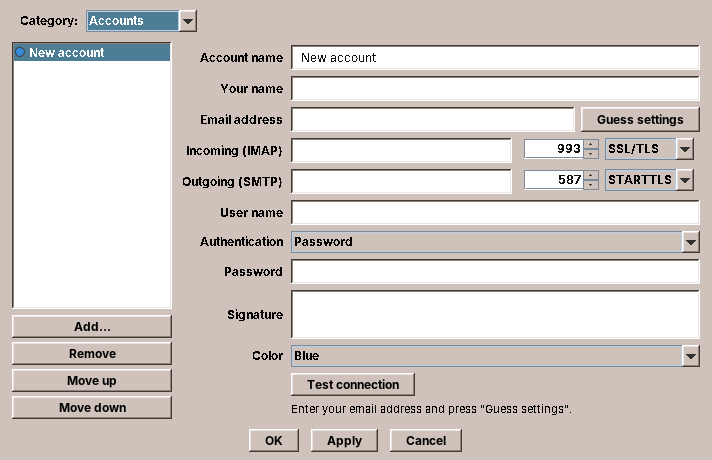 The account page of Mail Options on first start