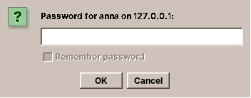 The password prompt without a keyring: "Remember password" is off and disabled