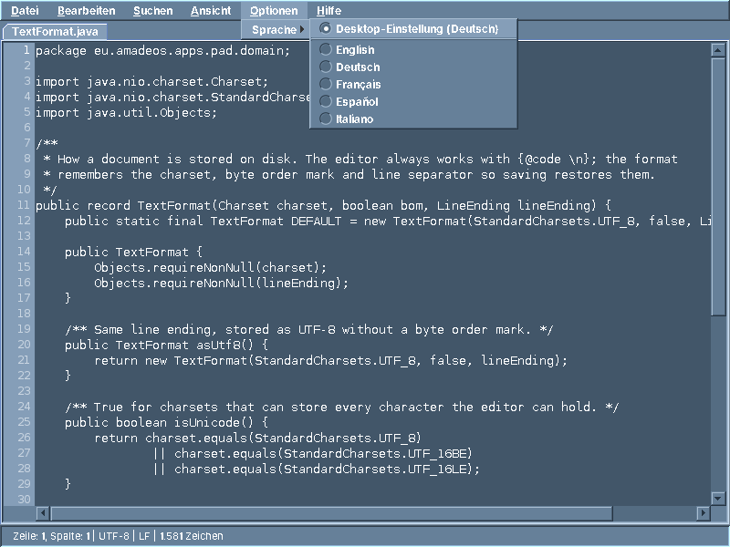 The language menu in German, on the CDE Brocade theme