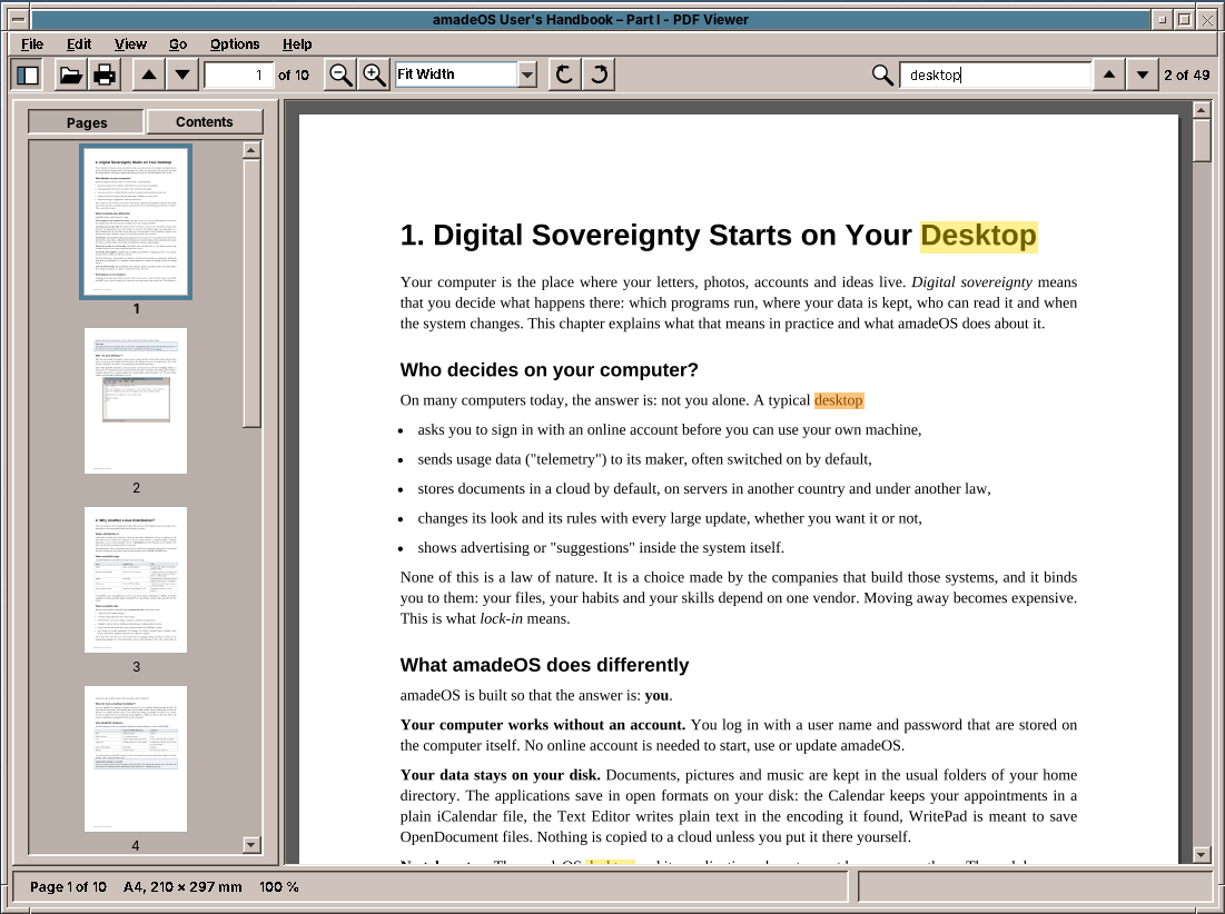 amade-pdfviewer with the thumbnails and a search