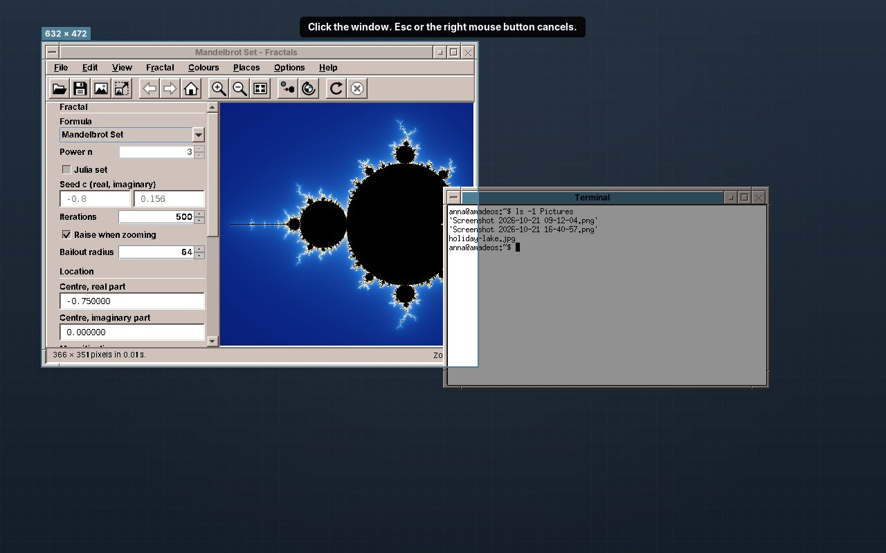 Picking a window: the window under the pointer is lit, the rest of the desktop is dimmed