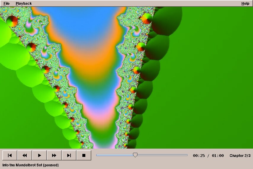 amade-video playing a video of a Mandelbrot zoom, paused in its second chapter