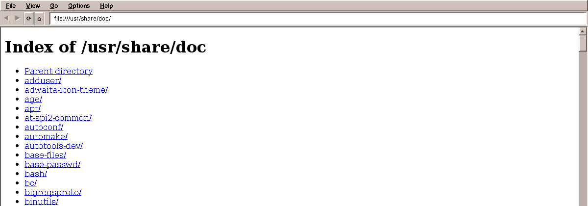 The home page: /usr/share/doc as a directory listing