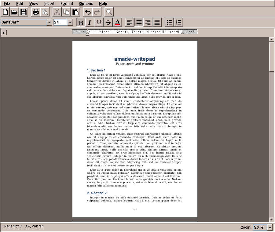 Pages at 50 %: the second section starts on page 1, its lines continue on page 2