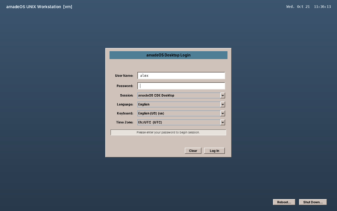 The login screen of amadeOS
