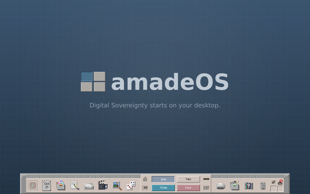 The amadeOS desktop after logging in