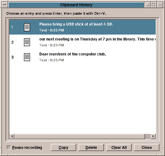 The clipboard history after three copies
