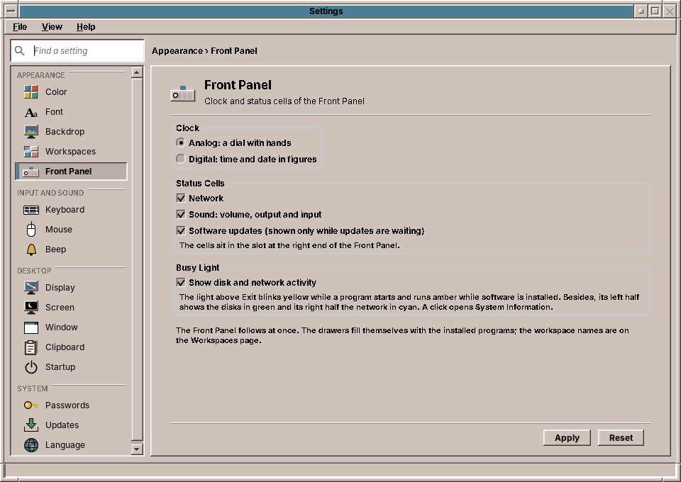 The Front Panel page