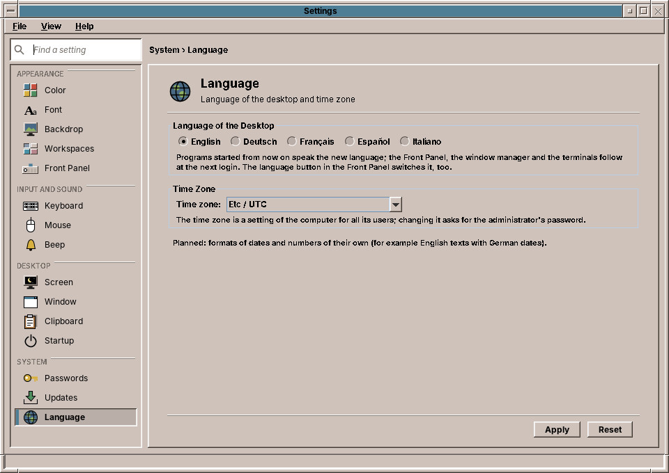 The Language page