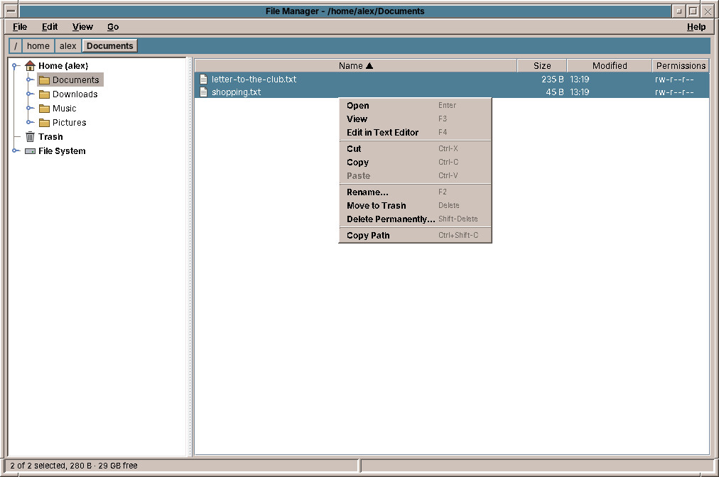 The menu of two selected files