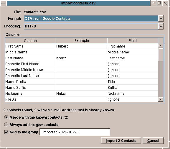 Importing a table from Google Contacts