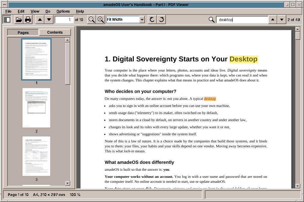 The PDF Viewer with the page thumbnails and a search