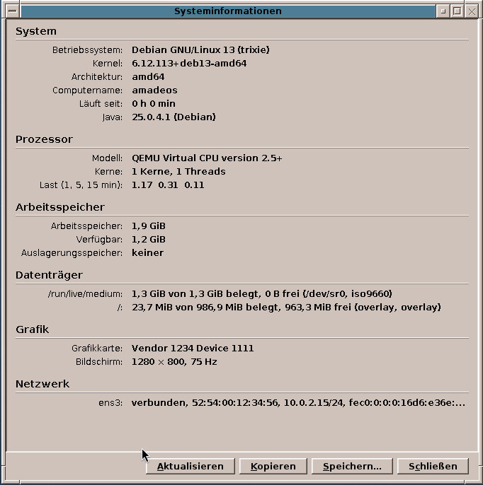 Hardware & System Info on the live system in a virtual machine, with the desktop in German